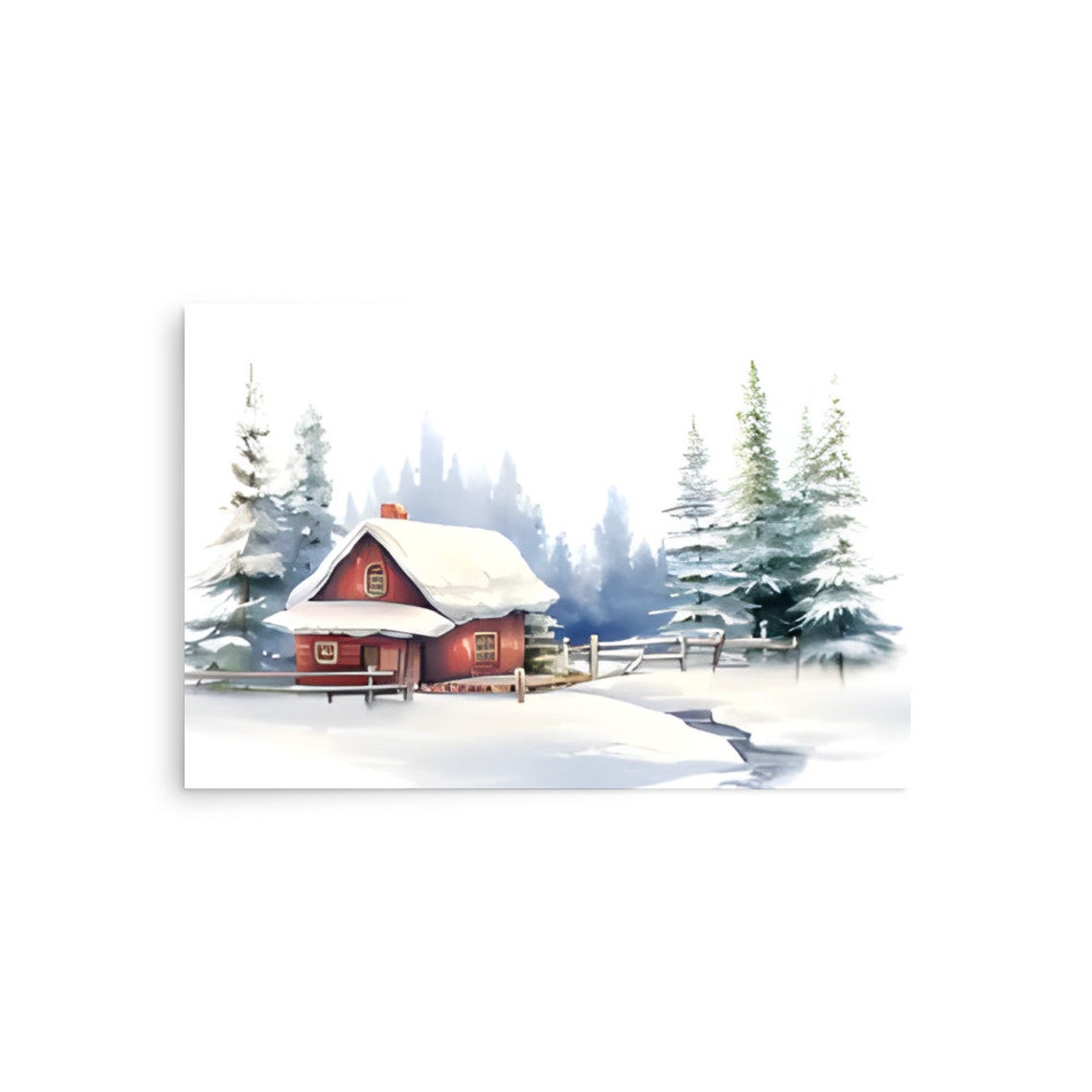 Cozy Red Wooden Cabin in a Snowy Pine Forest Winter Landscape Poster - Image 2