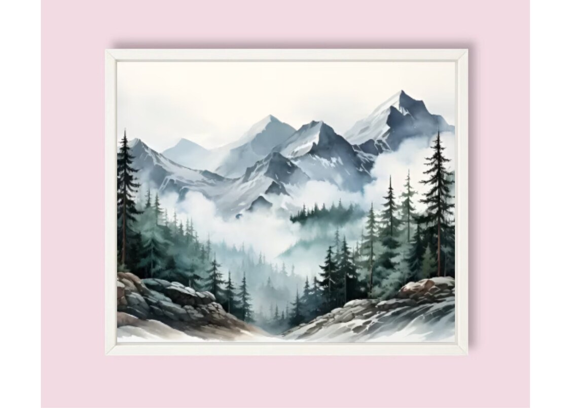 Misty Mountain Peaks Pine Valley Foggy Gray Watercolor Panorama Poster - Image 6