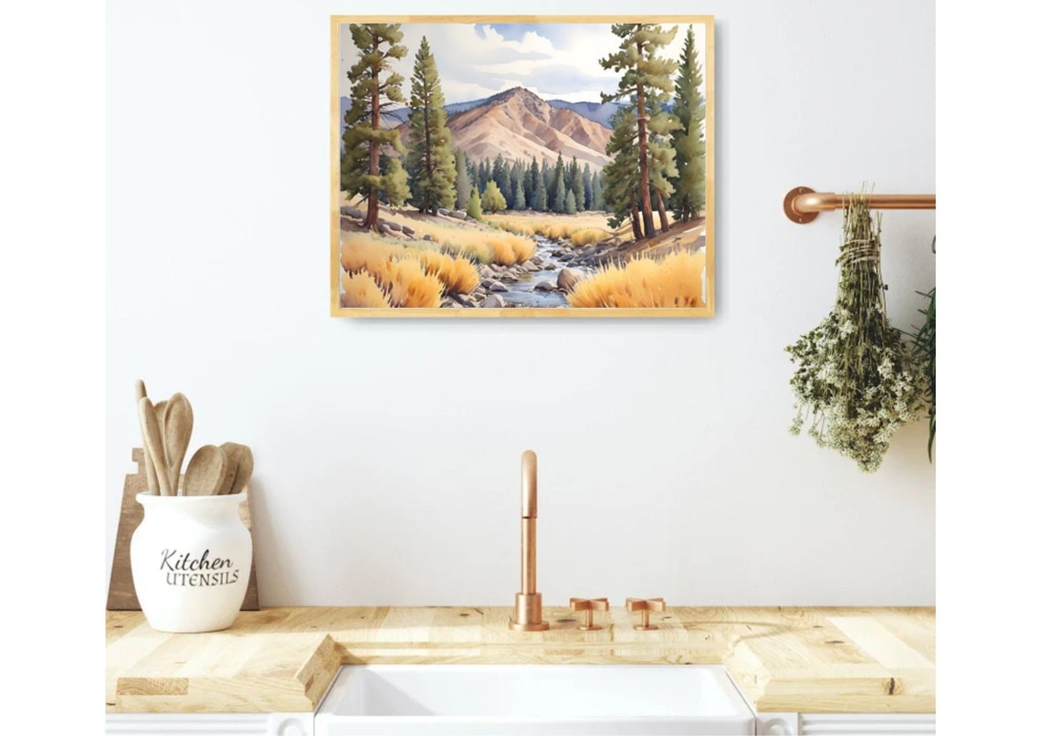 Mountain Stream Valley With Pines And Golden Grasses Watercolor Poster - Image 5