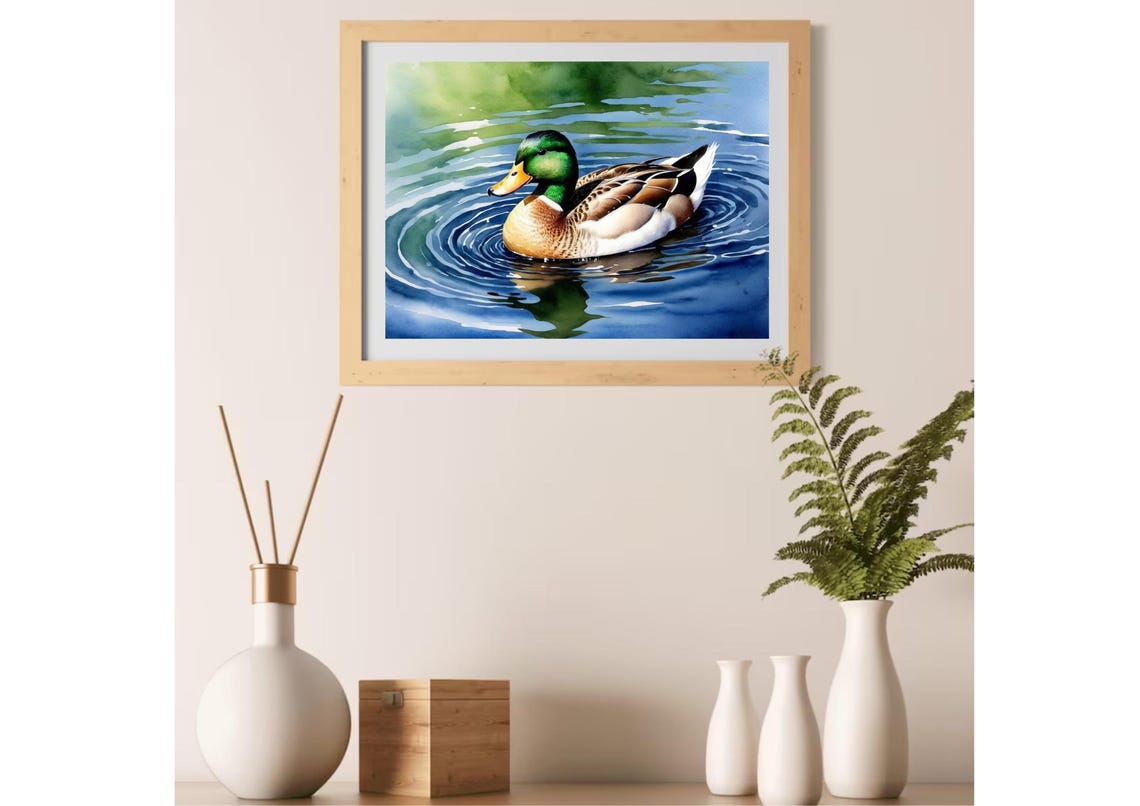 Vibrant Mallard Drake Swimming Pond Watercolor Wildlife Poster - Image 3