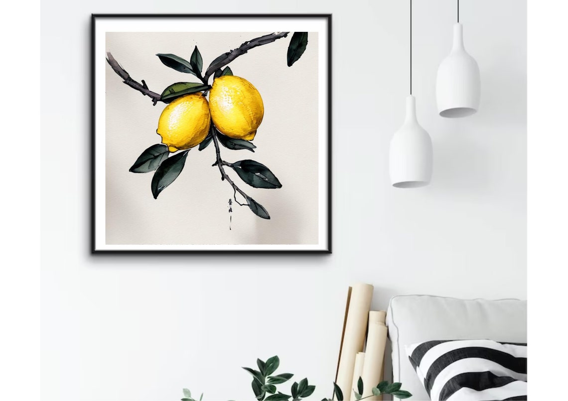 Two Bright Lemons On Ink Branch Watercolor Botanical Art Print - Image 4