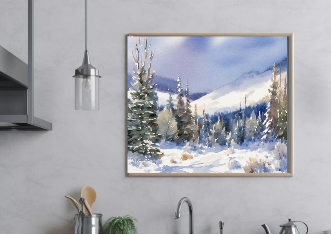 Blue Shadowed Snowy Mountain Forest Watercolor Winter Wall Art - Image 4
