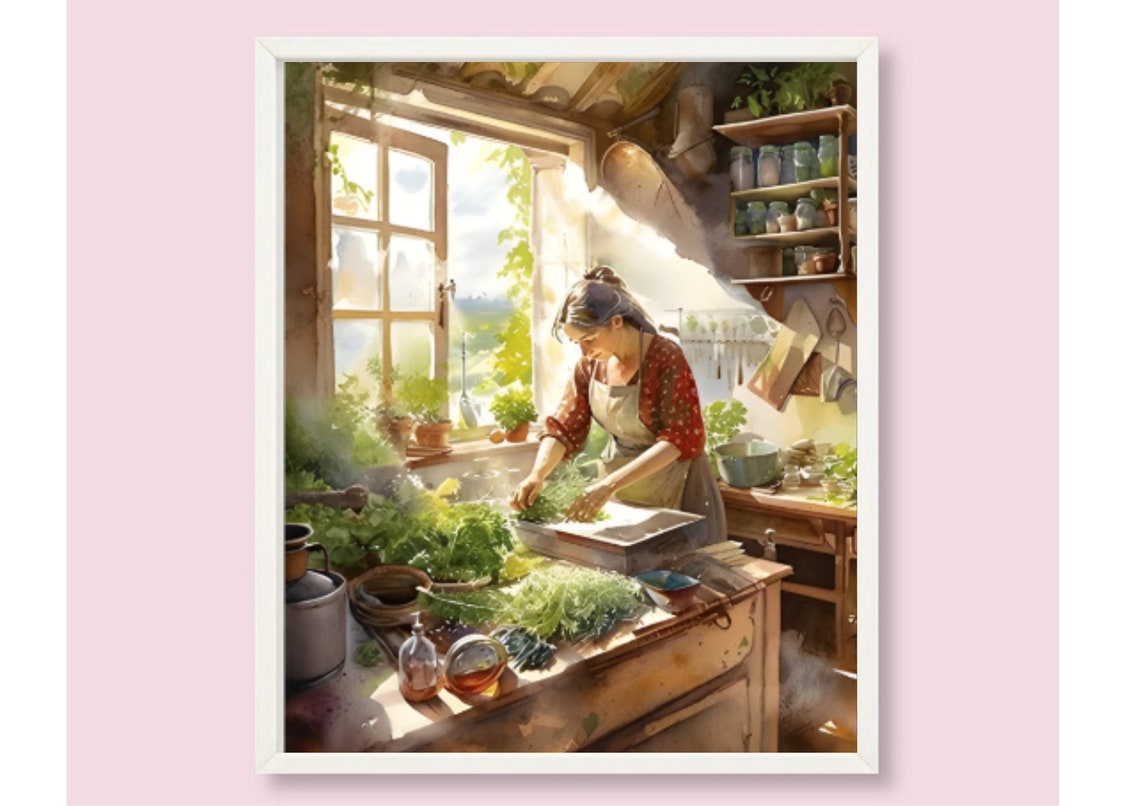 Woman Preparing Herbs in a Sunny Country Kitchen Watercolor Poster - Image 6