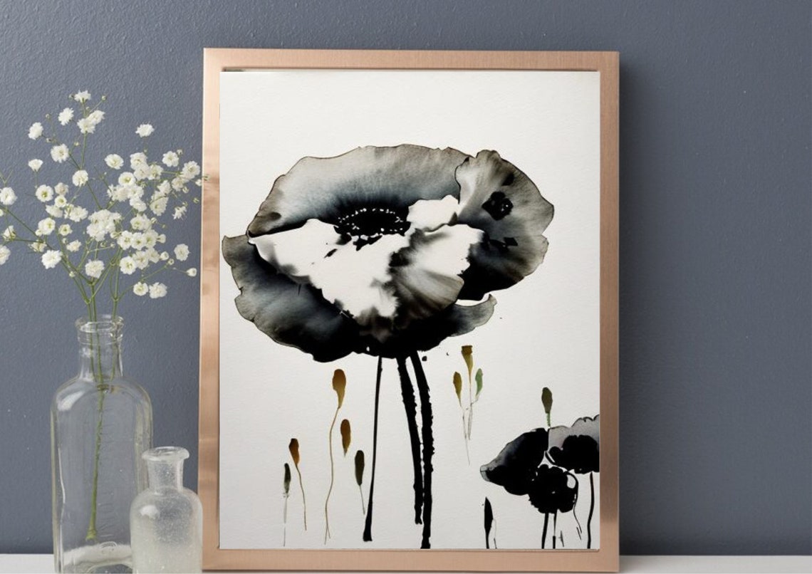 Poppies Painting Black White Poppies Art Print Floral Wall Art California Poppies Art Print Fom My Original Watercolor And Ink Sketch - Image 5