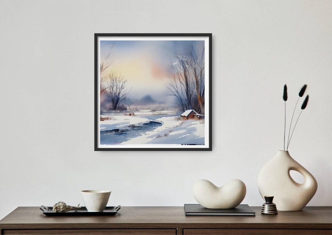 Winter Lake Cabin Watercolor in Soft Snowy Blue Tones Poster - Image 2