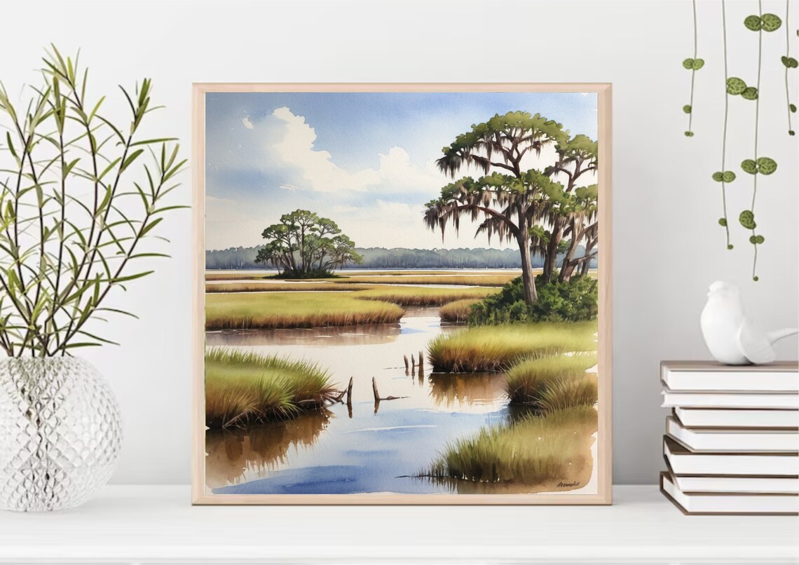 Marsh Painting Charleston Lowcountry Watercolor Art Print Neutral Landscape Wall Art Beige Gree Art Salt Marsh Watercolor Painting Print - Image 4