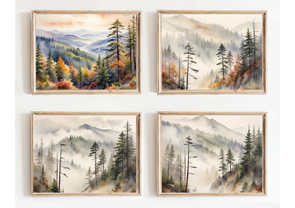 Foggy Evergreen Forest Watercolor Panoramic Mountain Landscape Poster - Image 5