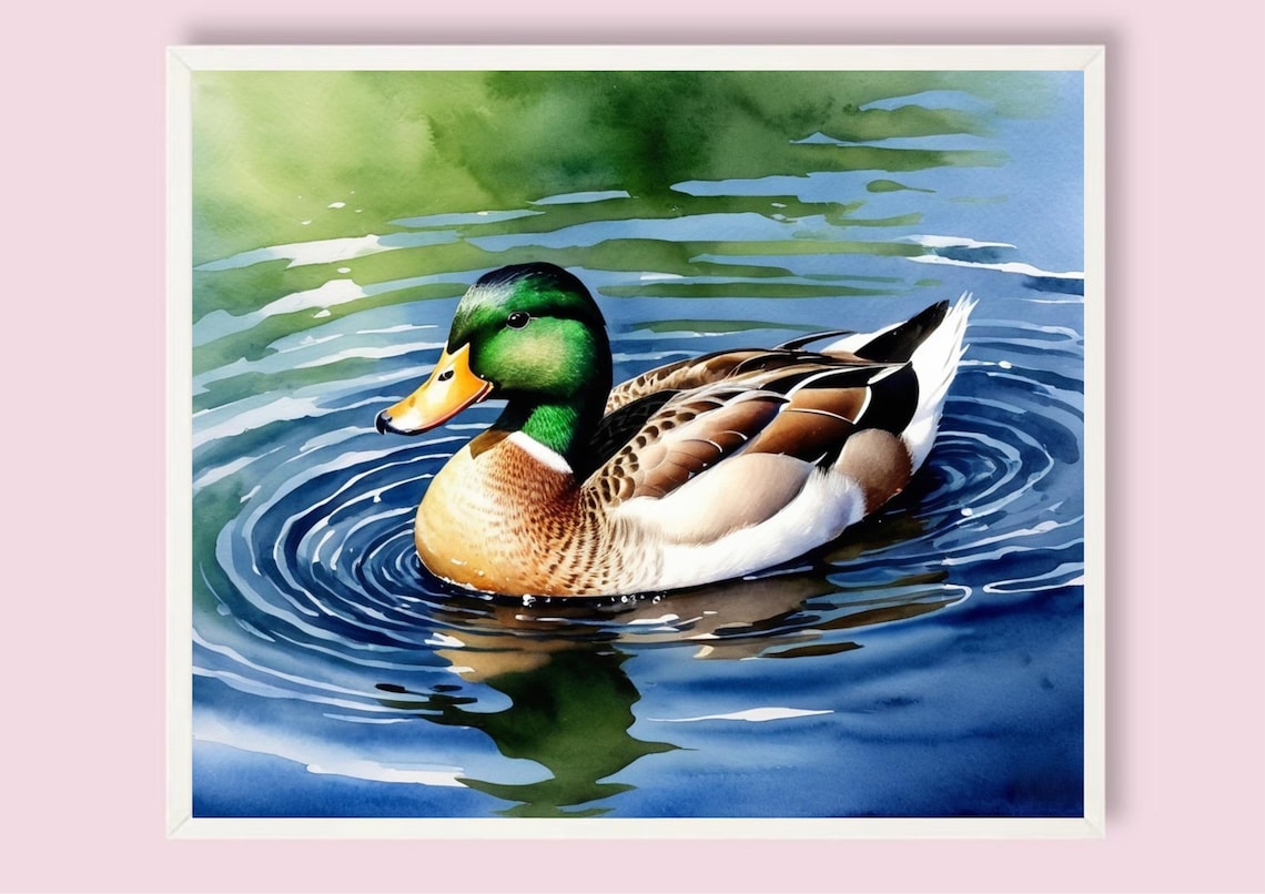 Vibrant Mallard Drake Swimming Pond Watercolor Wildlife Poster - Image 4