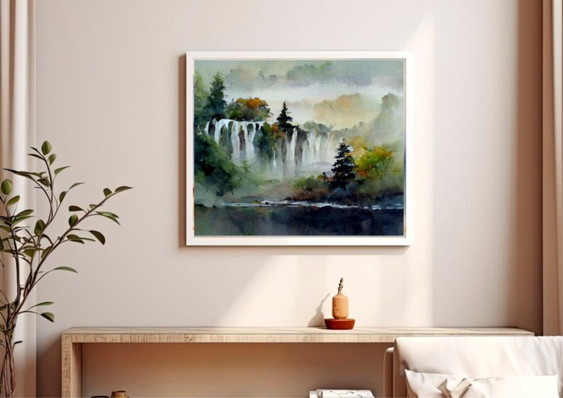 Misty Waterfall Cascades Forest Fog Dreamlike Watercolor Poster - Image 2