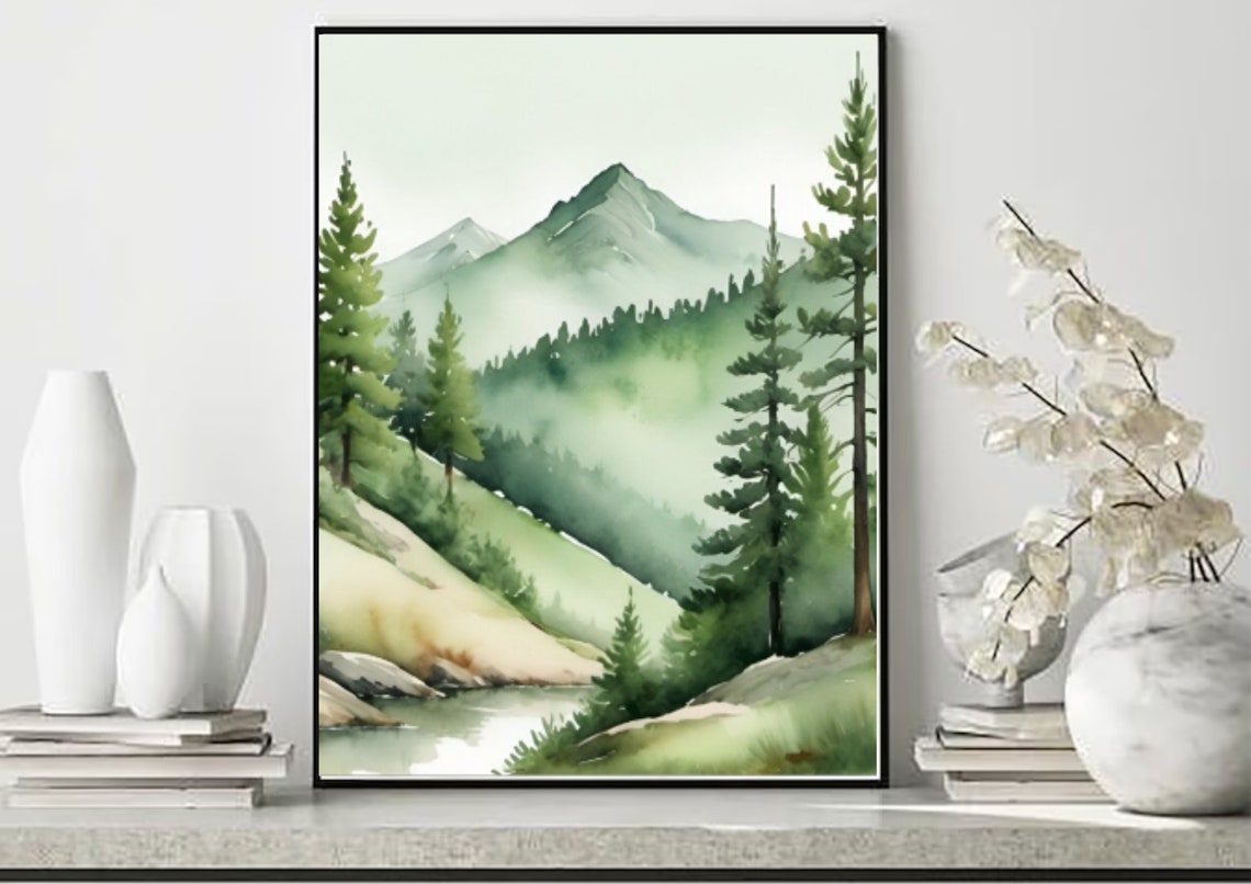 Sage Green Evergreen Mountain Stream Misty Watercolor Poster - Image 3