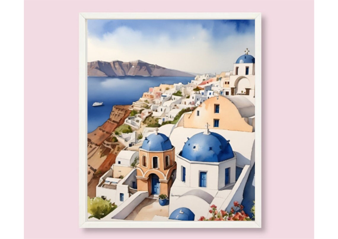 Santorini Blue Domed Churches White Buildings Watercolor Poster - Image 6