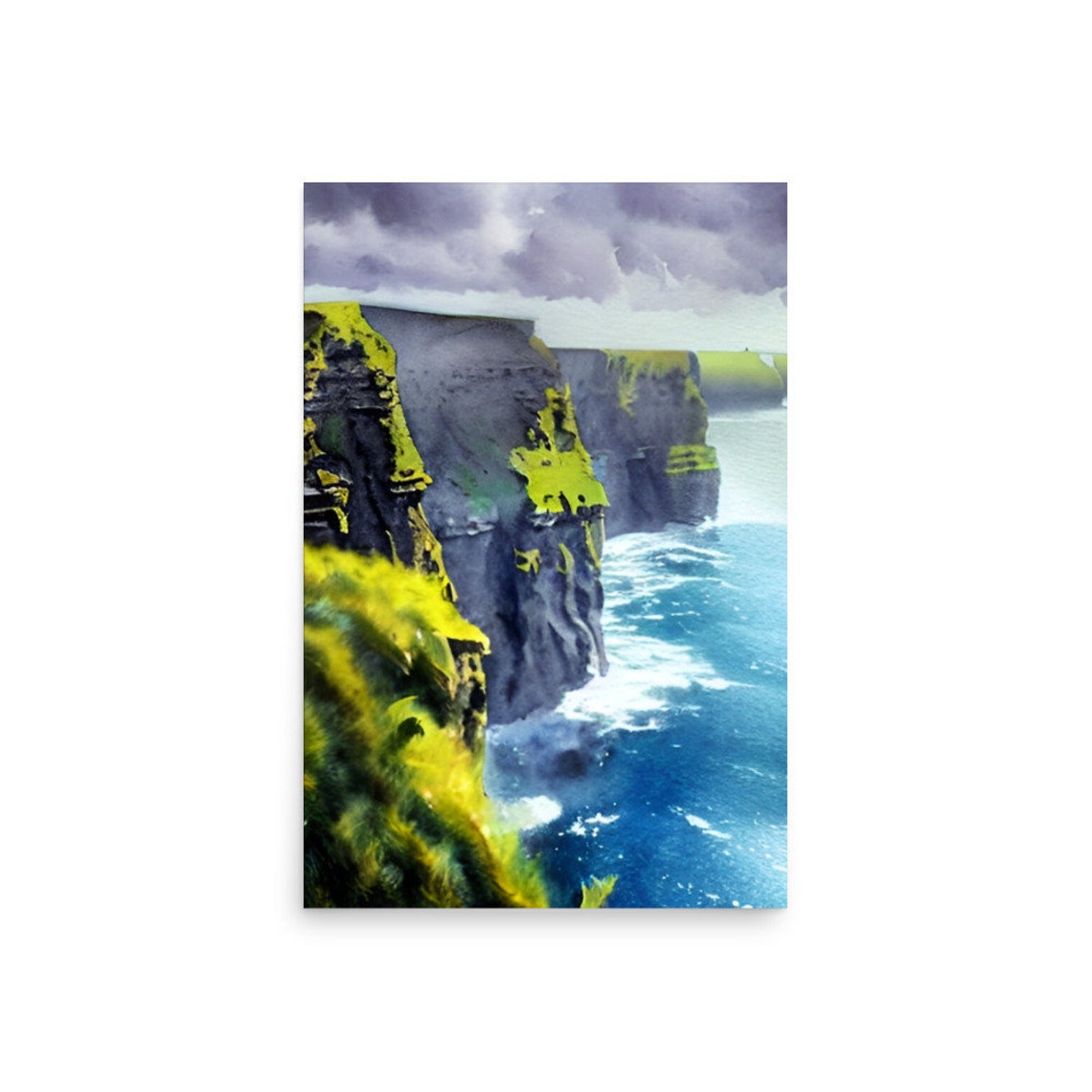 Dramatic Sea Cliffs Blue Ocean Stormy Sky Coastal Watercolor Poster - Image 2