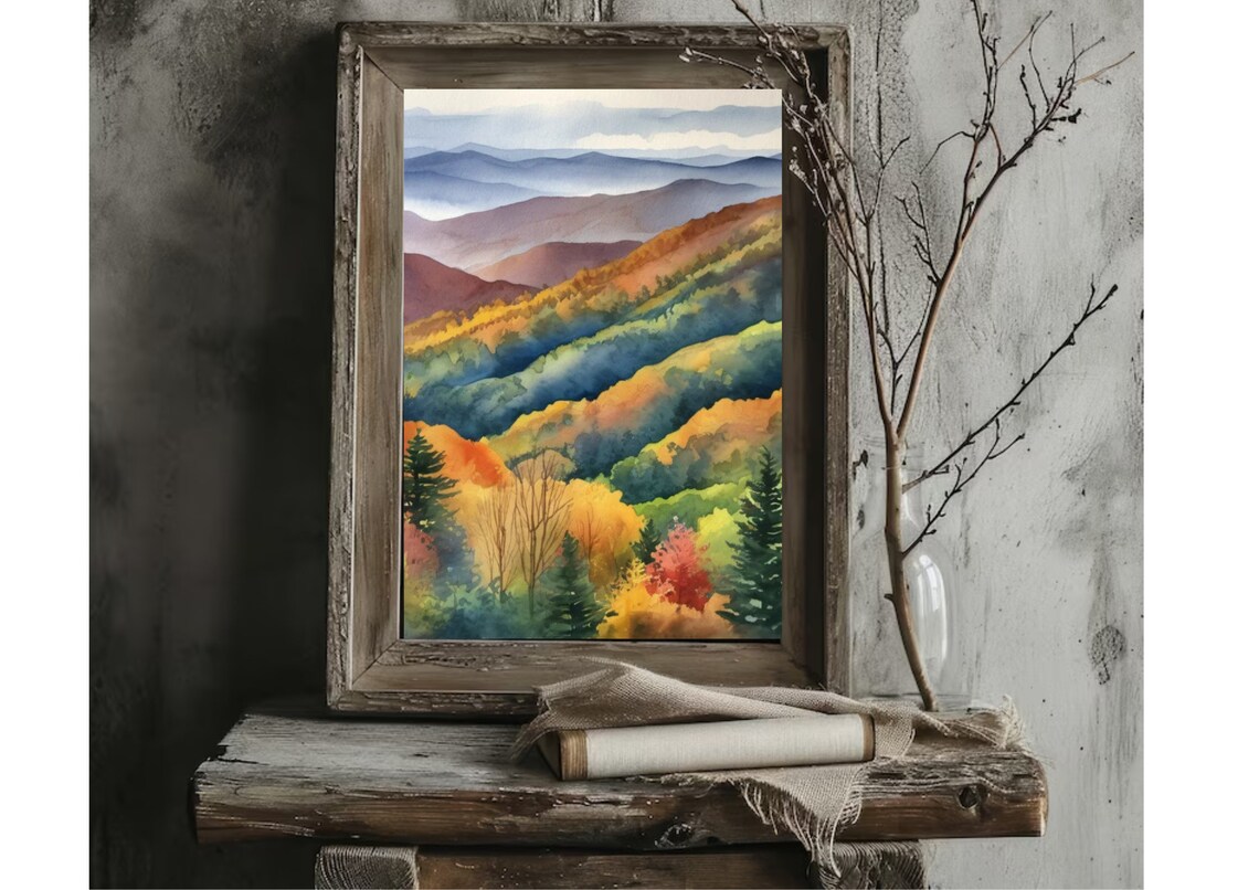 Smoky Mountains Autumn Landscape, Watercolor Art Print - Image 4