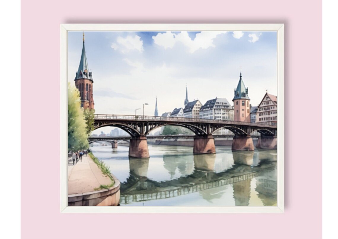 Frankfurt Iron Bridge Main River Church Towers Watercolor Poster - Image 6