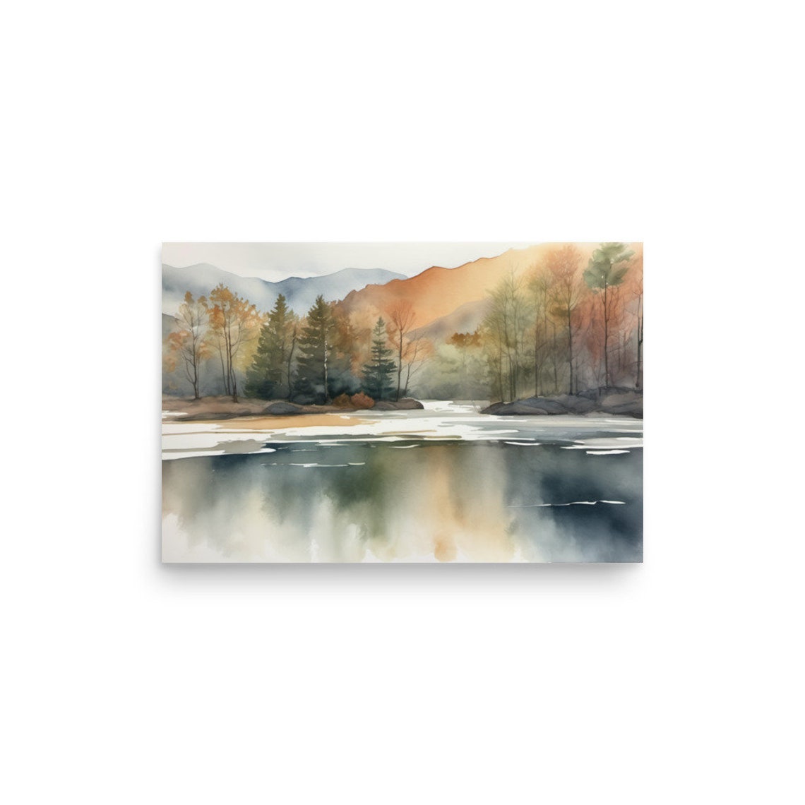 Foggy Autumn Mountain Lake Watercolor Landscape Reflection Art Poster - Image 2