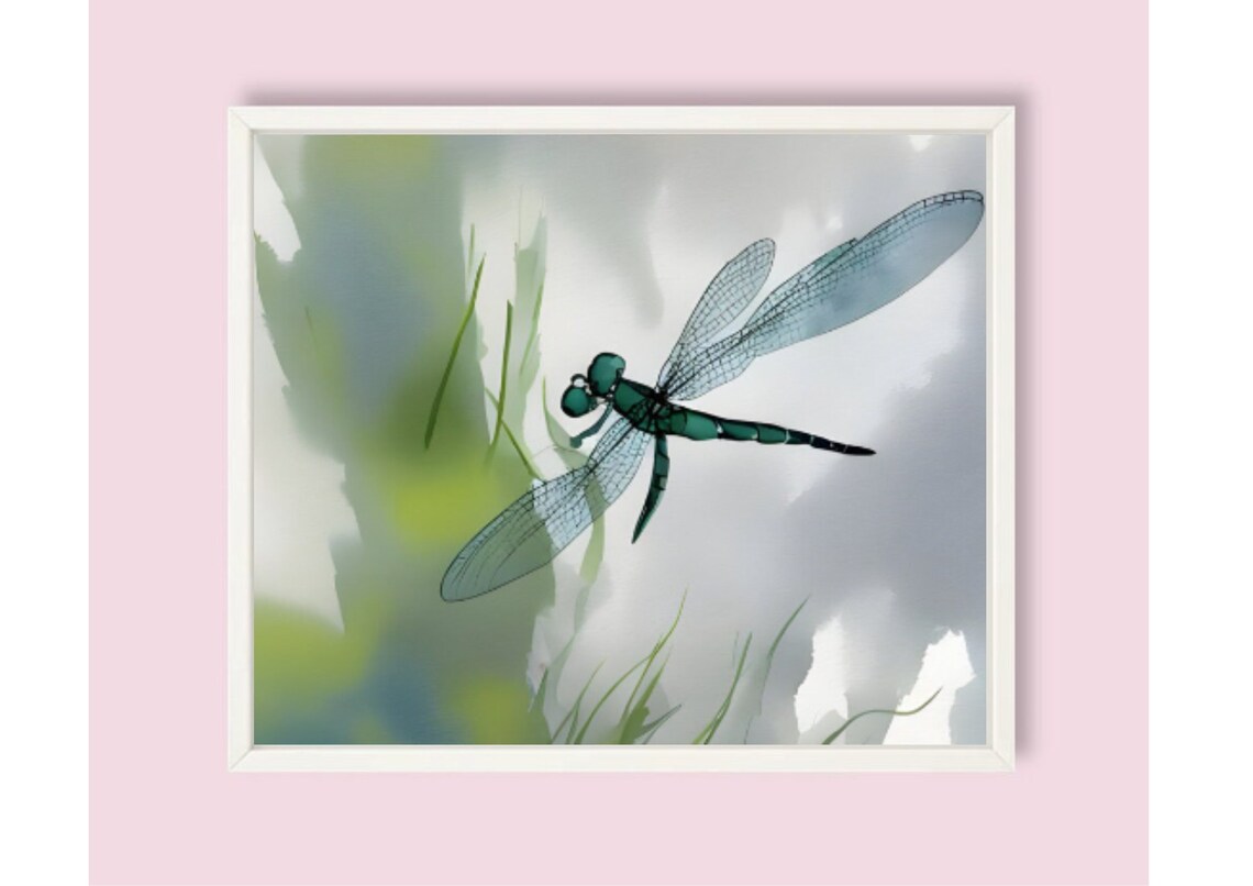 Dragonfly Watercolor Meadow Painting Dragonfly Art Print Botanical Wall Art Insects Watercolor Painting Green Blue White Floral Poster - Image 5