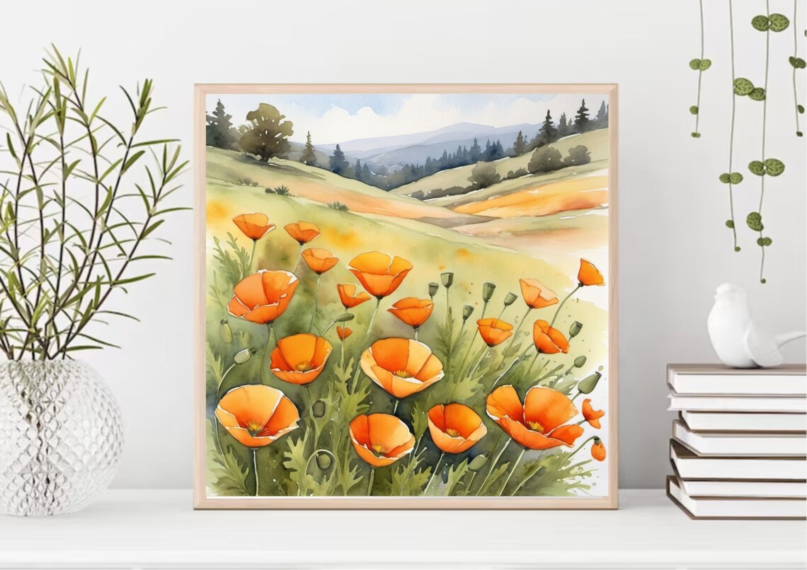 California Poppies Meadow Wildflowers Watercolor Landscape Poster - Image 4