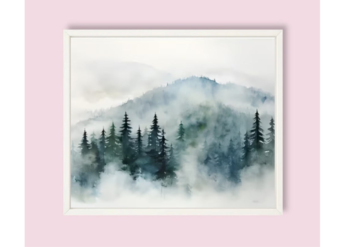 Foggy Mountain Pine Forest Watercolor in Pale White Mist Poster - Image 6