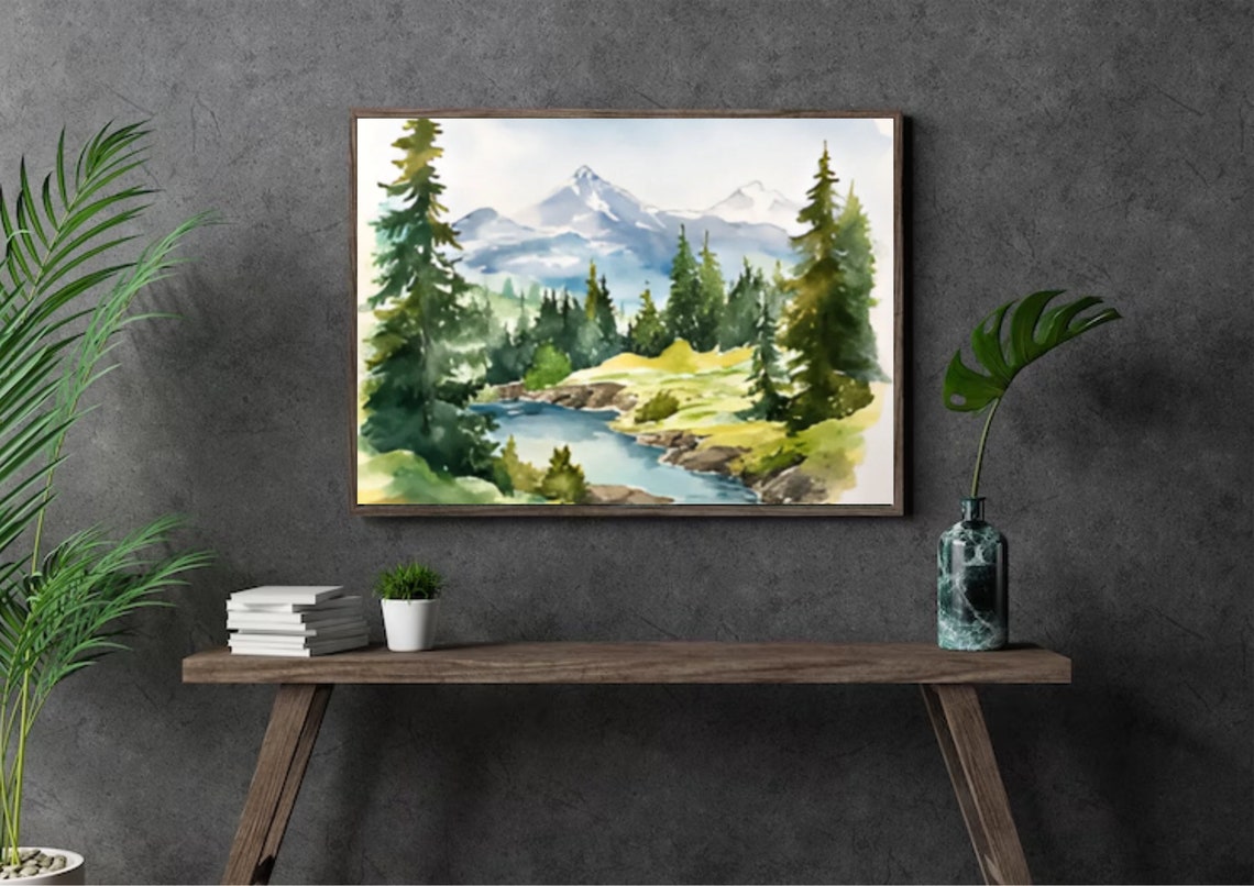 Mountain River Pine Trees Snowy Peaks Fresh Alpine Watercolor Poster - Image 3