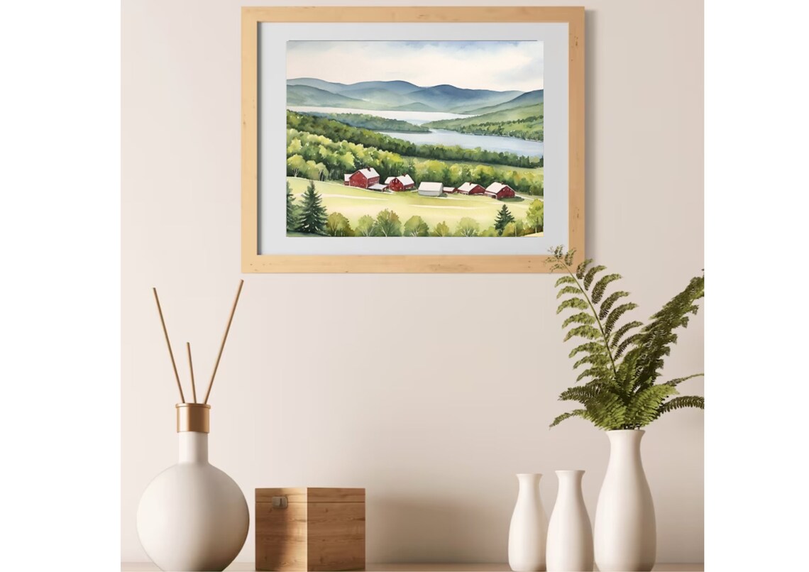Vermont Green Mountain & Farmhouse Watercolor Art Print - Image 2