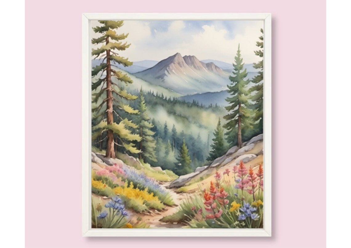 Spring Flowers Painting Rocky Mountains Watercolor Art Print Hiking Trail Art Colorado Landscape Wall Art Wildflowers Meadow Art Pine Print - Image 6