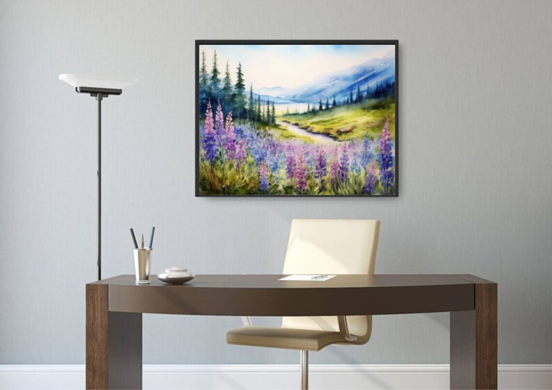 Purple And Pink Lupine Meadow By River Valley Watercolor Floral Poster - Image 5
