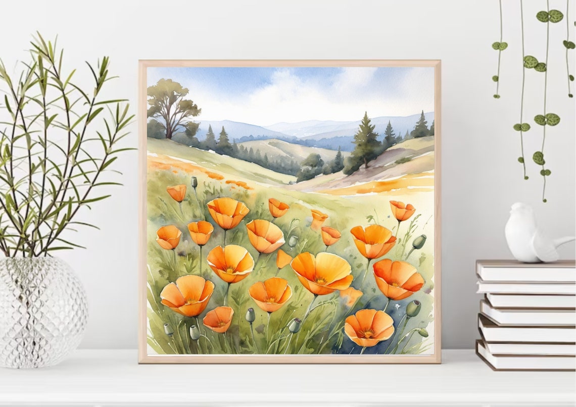 California Poppy Fields Rolling Hills Watercolor Landscape Poster - Image 5