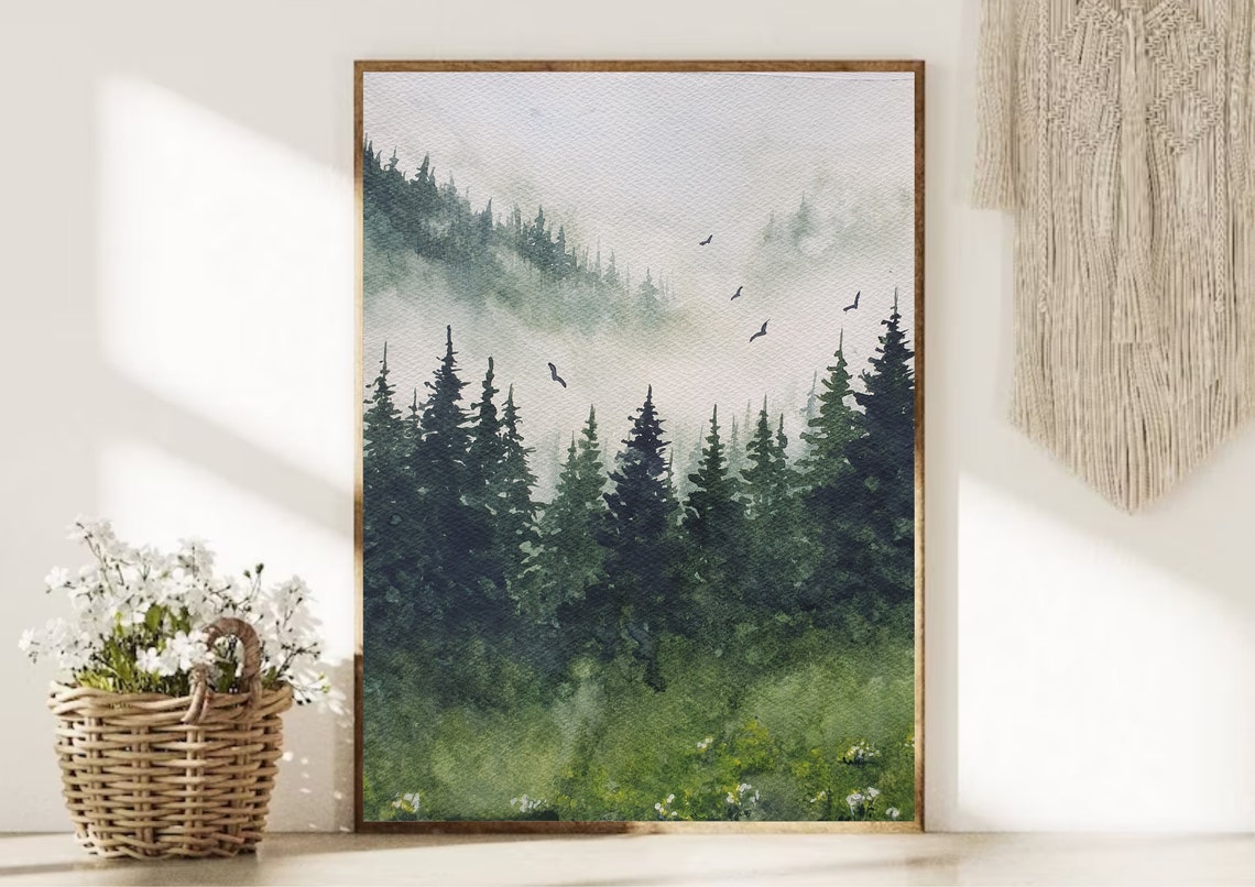Misty Pine Forest Birds Flying Watercolor Pacific Northwest Art Poster - Image 6