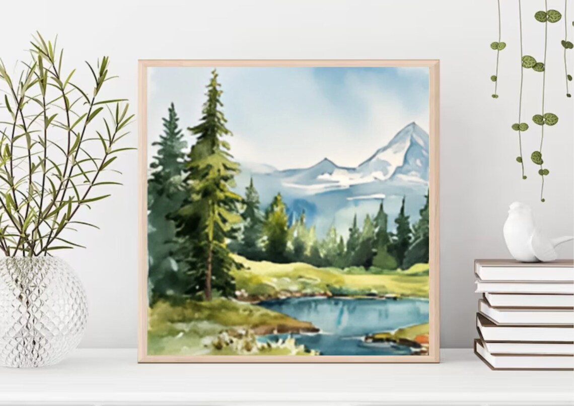 Mountain River Evergreen Pines Snowy Peak Gentle Watercolor Poster - Image 4