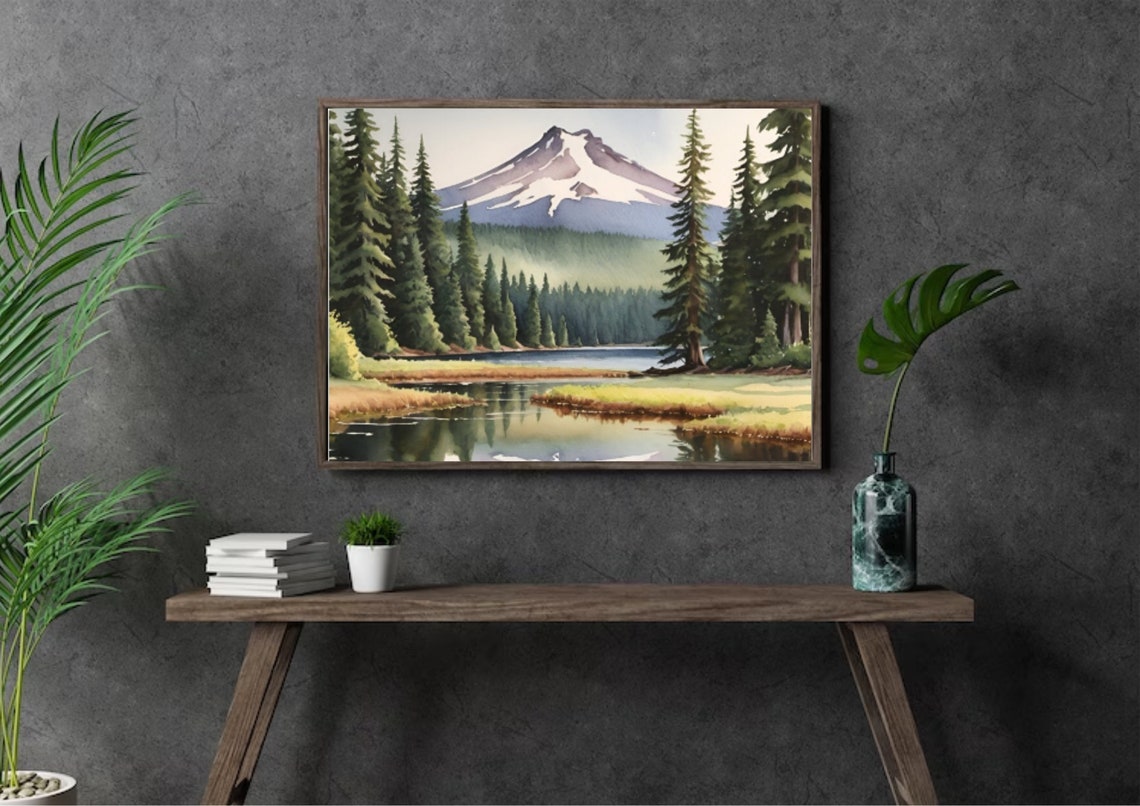 Snow Capped Peak Lake Reflection Evergreen Watercolor Poster - Image 5