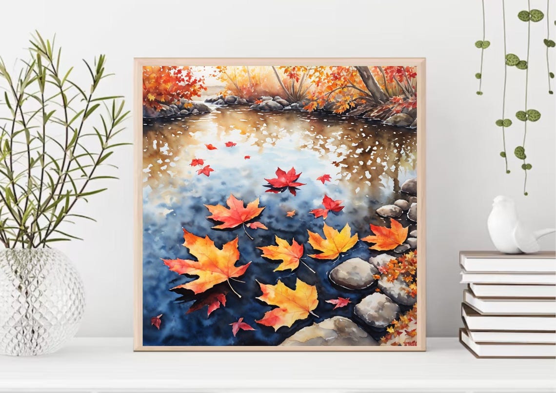 Red Maple Leaves Floating On A Forest Stream Watercolor Poster - Image 5