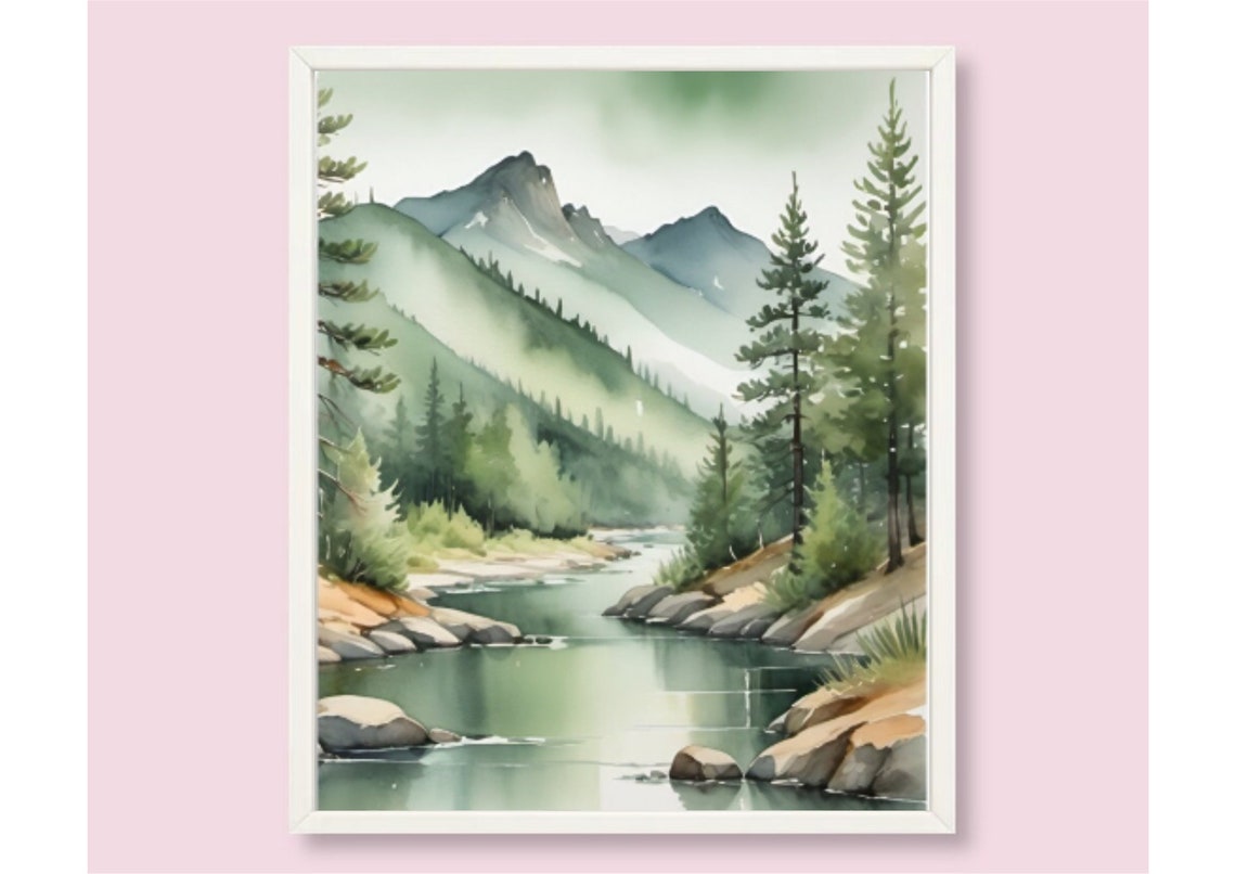 Mountain River Rocky Pine Banks Peaks Watercolor Nature Poster - Image 6