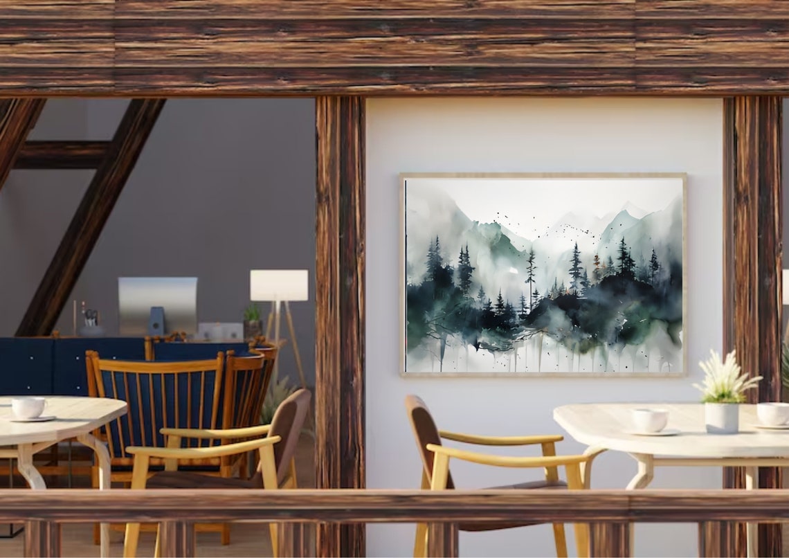 Misty Mountain Pine Forest Moody Fog Watercolor Landscape Poster - Image 5