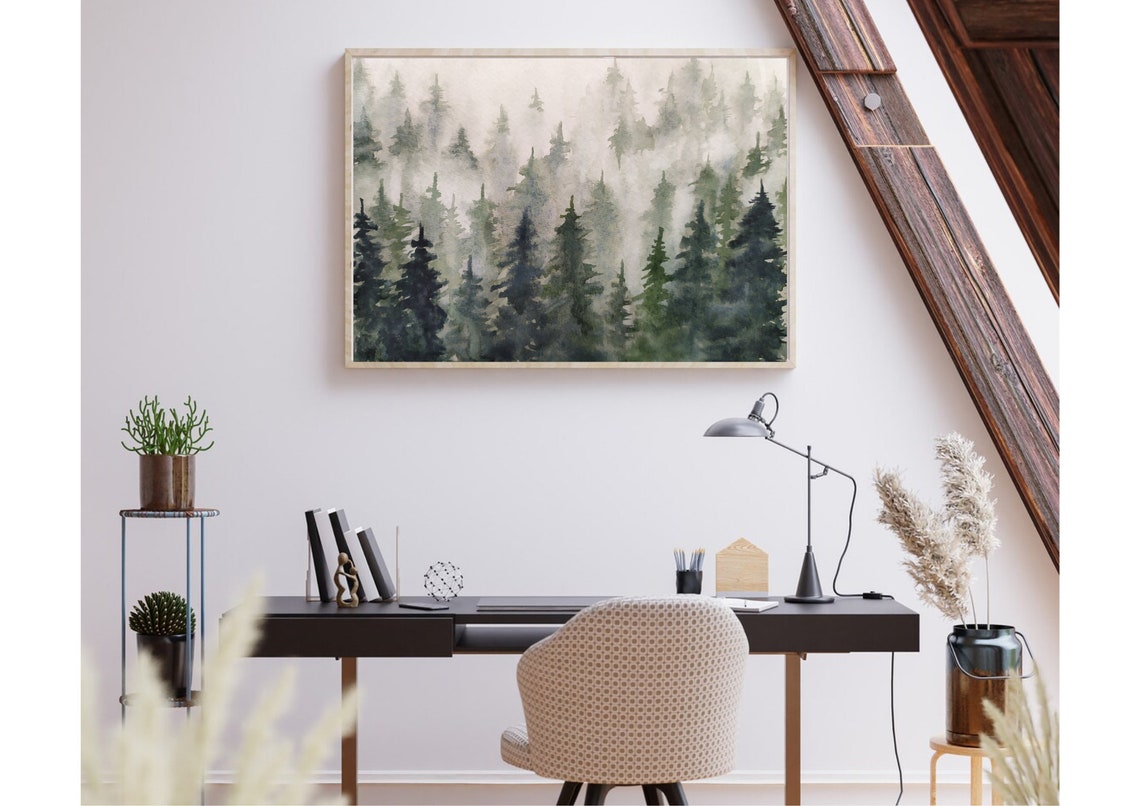 Fog Shrouded Pine Forest Treetops Watercolor Nature Art Print - Image 4