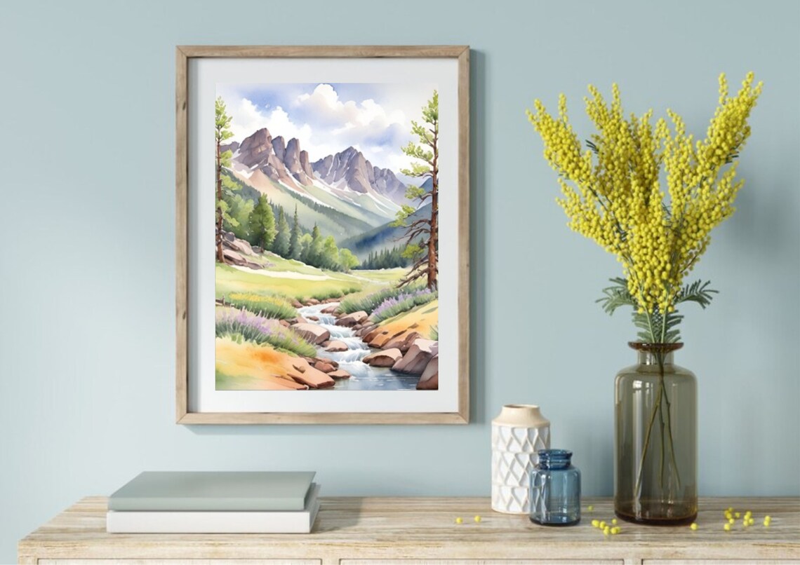 Rocky Mountains Mountain River Watercolor Wall Art Print - Image 5