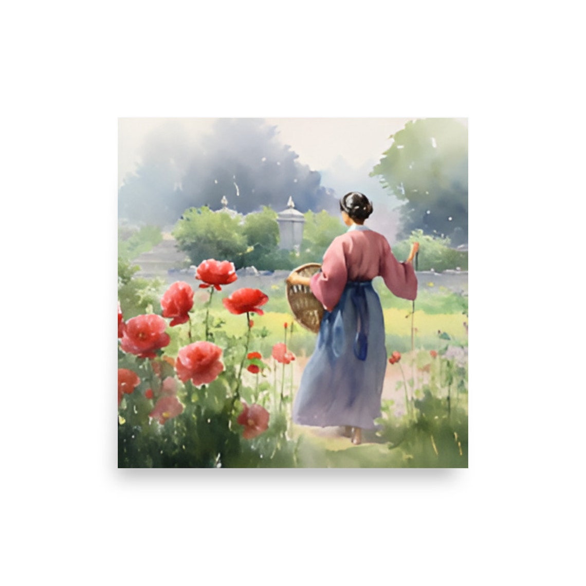 Woman In Flowers Garden Painting Tuscany Farmhouse Landscape Watercolor Art Print Woman From Behind Portrait Art Flowers Garden Artwork - Image 2