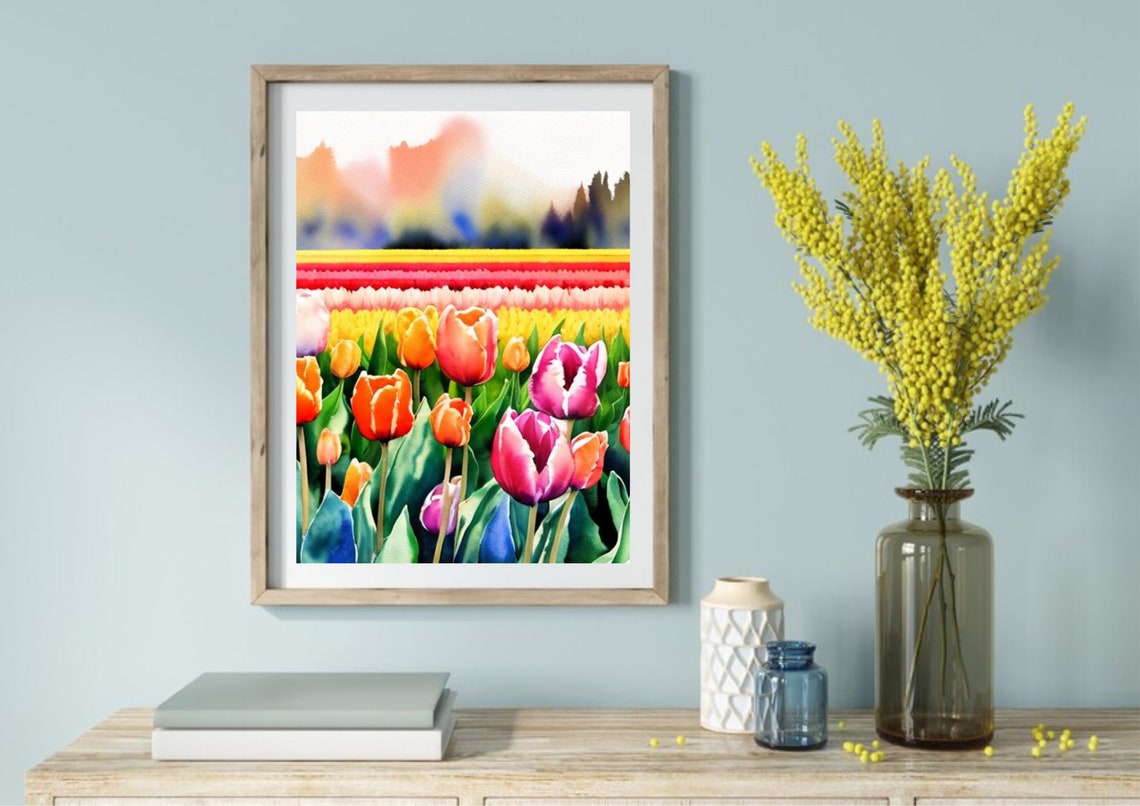 Tulips Painting Field Of Tulips Watercolor Art Print Spring Landscape Wall Art Field Of Spring Flowers Watercolor Art Floral Landscape Print - Image 5