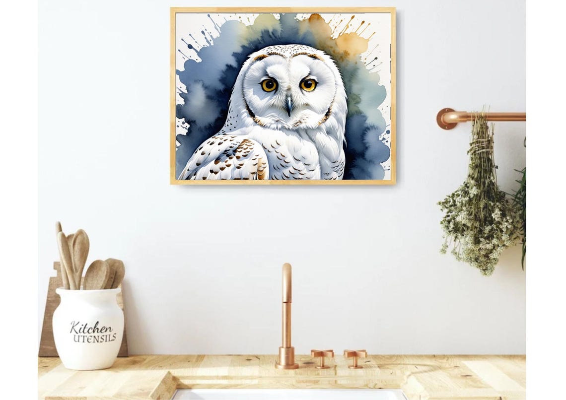 White Owl Portrait With Golden Eyes On Blue Splash Watercolor Poster - Image 5