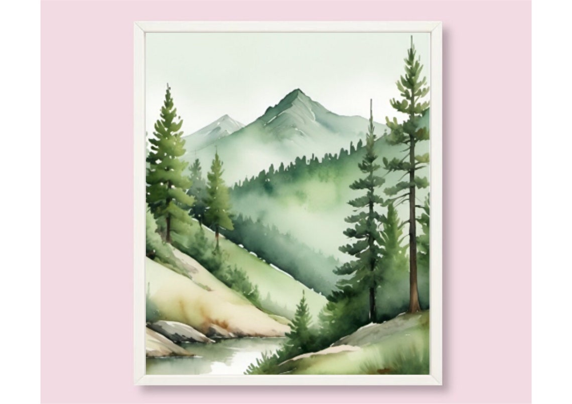 Sage Green Evergreen Mountain Stream Misty Watercolor Poster - Image 6