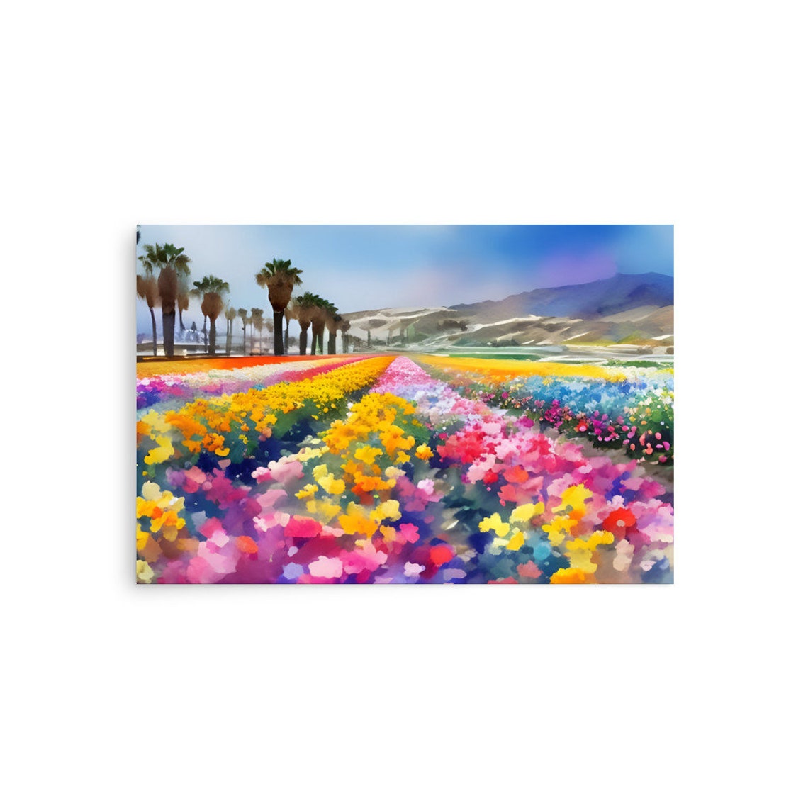 Rainbow Flower Field Palm Trees Bright Exuberant Watercolor Poster - Image 3