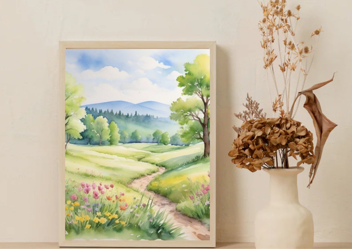 Spring Wildflower Meadow Path Trees Mountains Watercolor Poster - Image 5