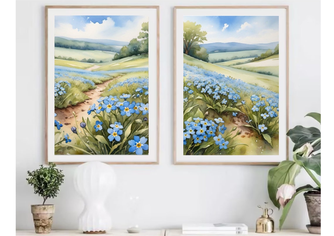Forget Me Nots Painting Wildflowers Meadow Watercolor Art Print Alaska Landscape Wall Art Field Of Blue Flowers Large Poster Spring Wall Art - Image 4