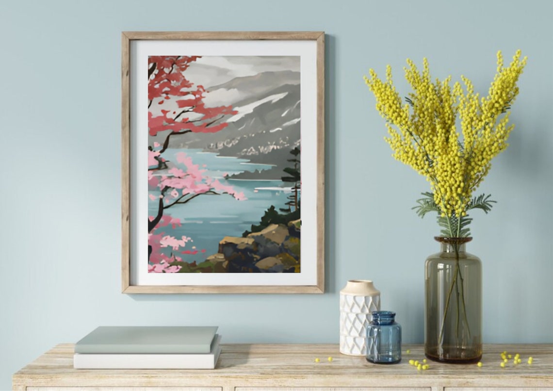 Cherry Blossom Tree Overlooking Sparkling Mountain Lake Poster - Image 4