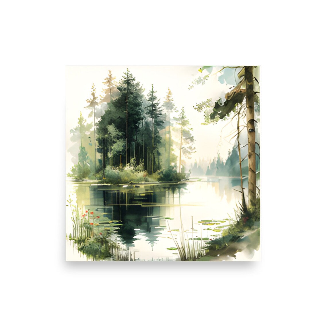 Pine Trees Watercolor Art Print, Forest Lake Landscape - Image 2