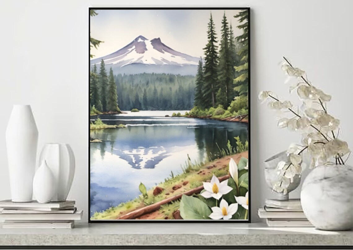 Trillium Lake Watercolor Art Print, Mt Hood Oregon - Image 5