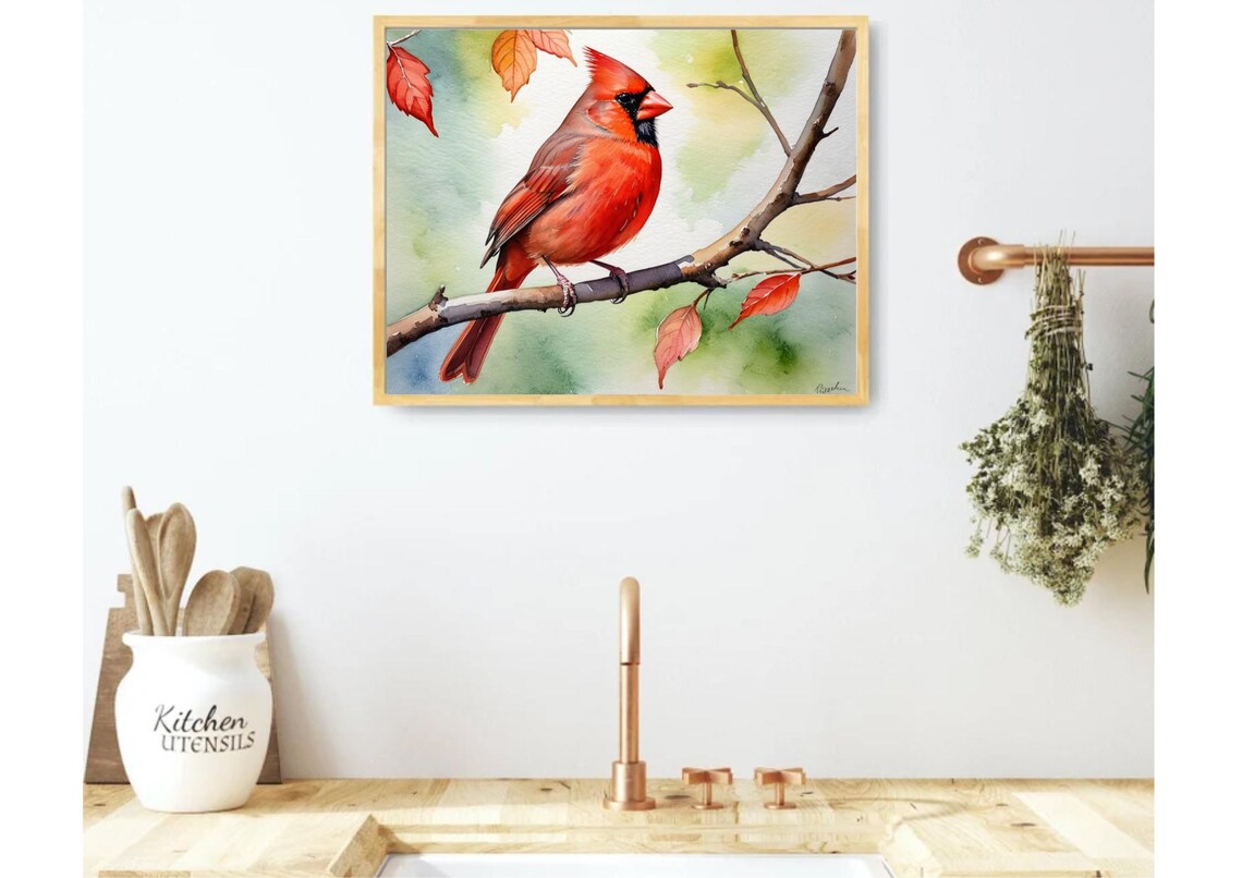 Red Cardinal Watercolor Art Print, Autumn Branch - Image 3