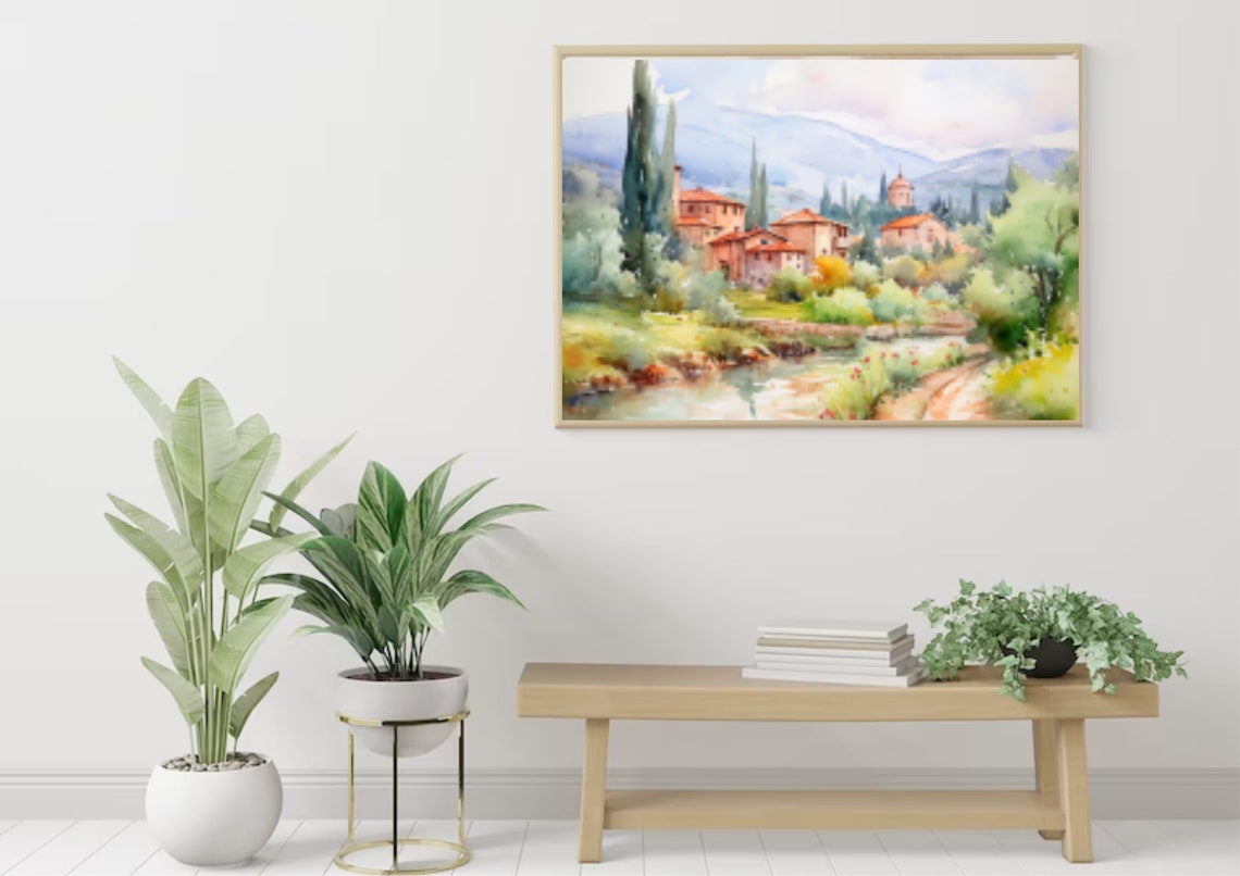 Tuscany Watercolor Painting Italian Village Landscape Art Print Panoramic Country House Wall Art Tuscany Village Watercolor Painting - Image 3