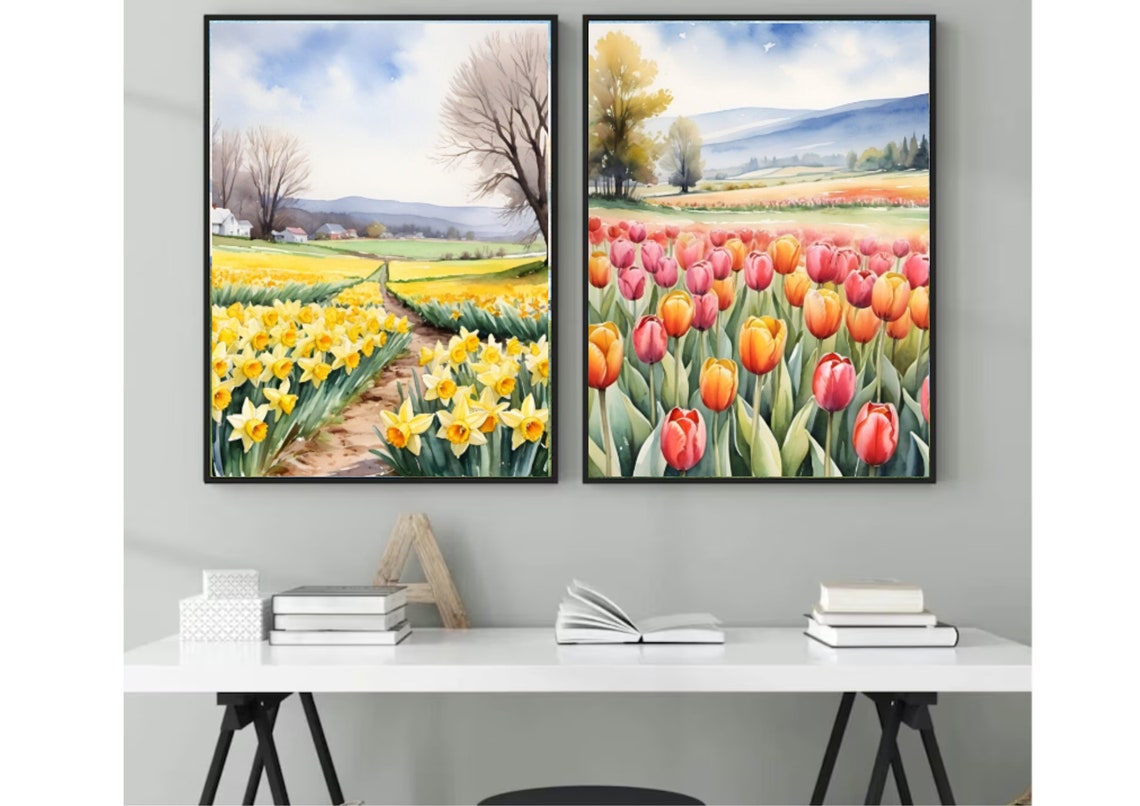 Yellow Daffodil Field Farm Path Spring Watercolor Flower Poster - Image 2