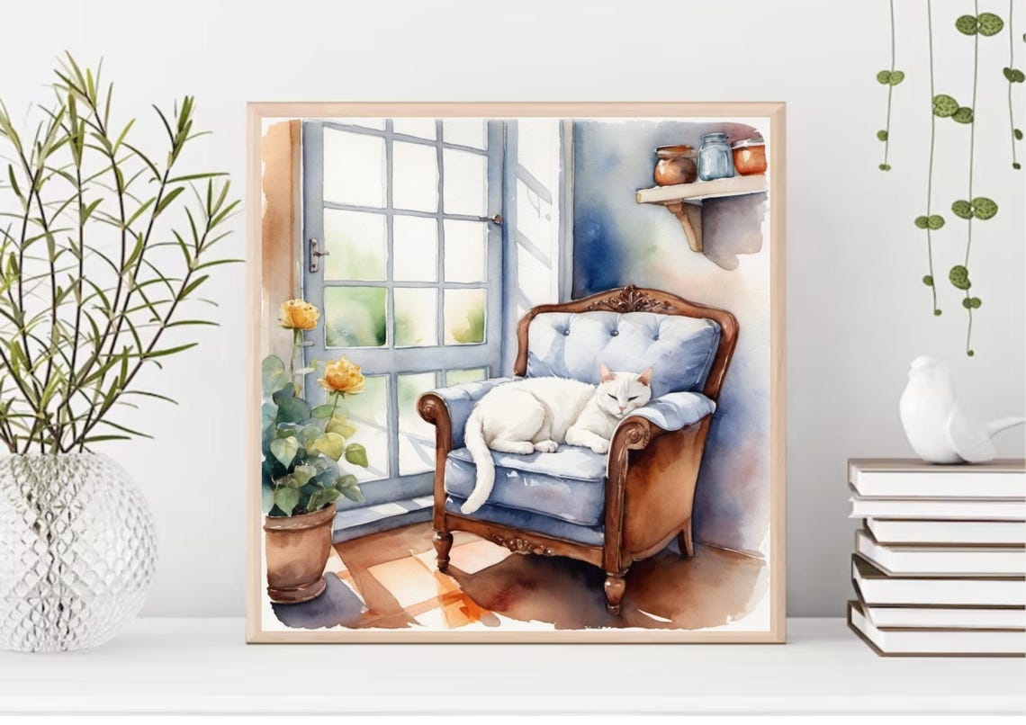 Cat Painting White Cat Sleeping On An Armchair Watercolor Art Print Animal Wall Art Pet Portrait Art Poster Animals Lovers Gifts - Image 4