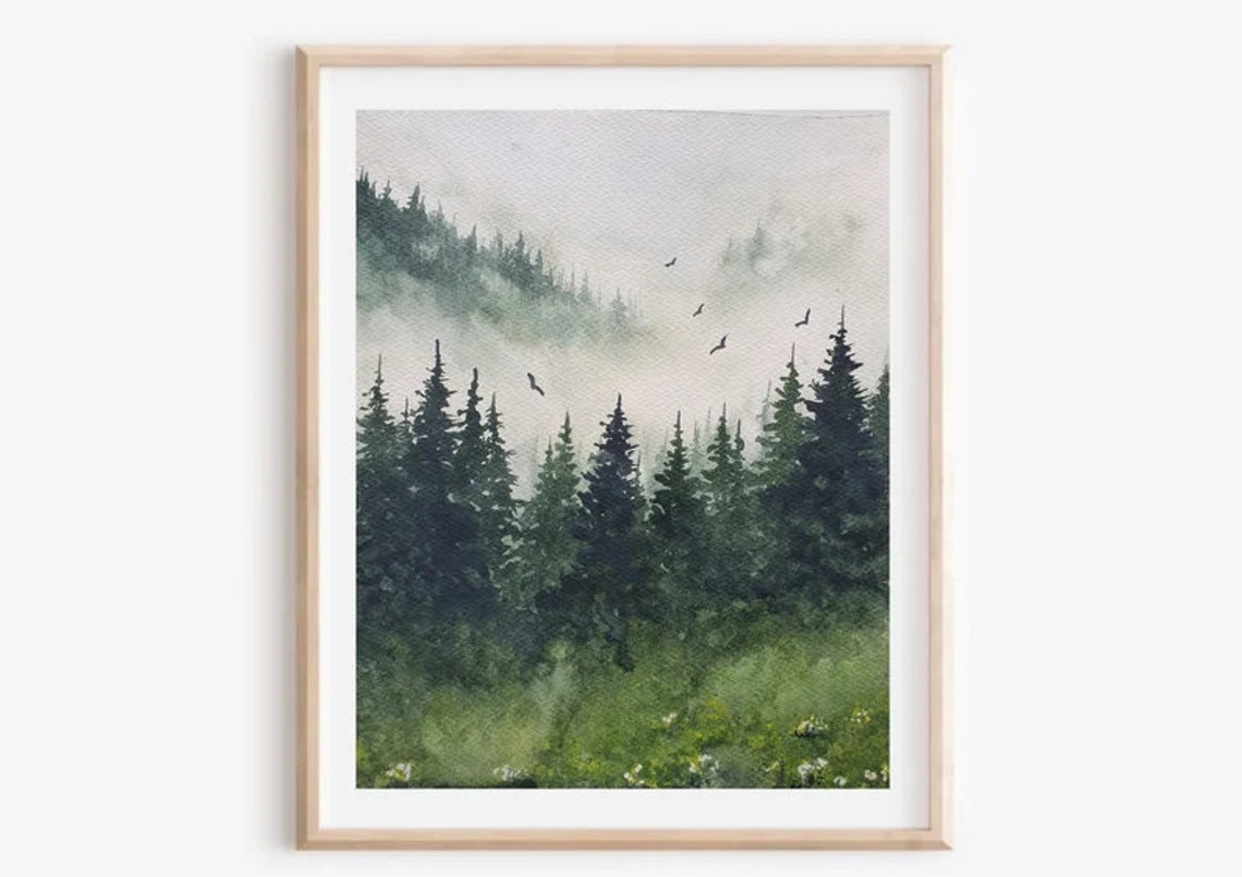 Misty Pine Forest Birds Flying Watercolor Pacific Northwest Art Poster - Image 4